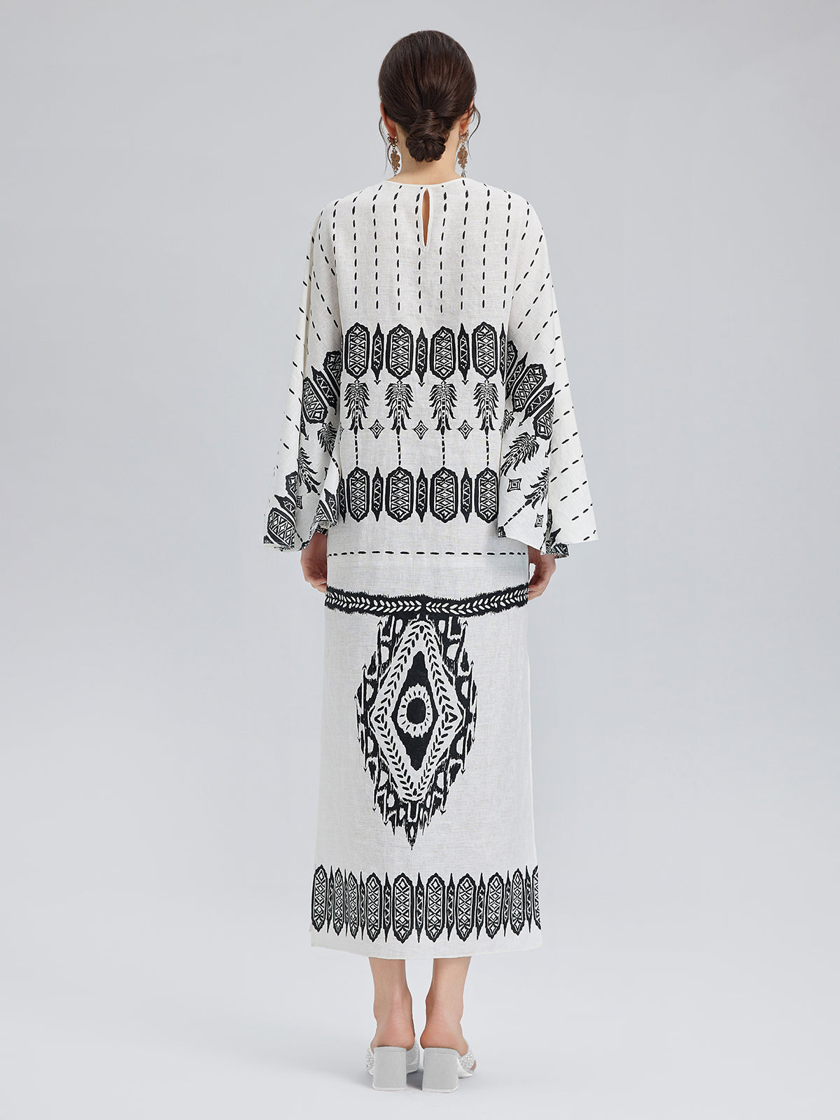Linen Geometric Print Batwing Maxi Dress