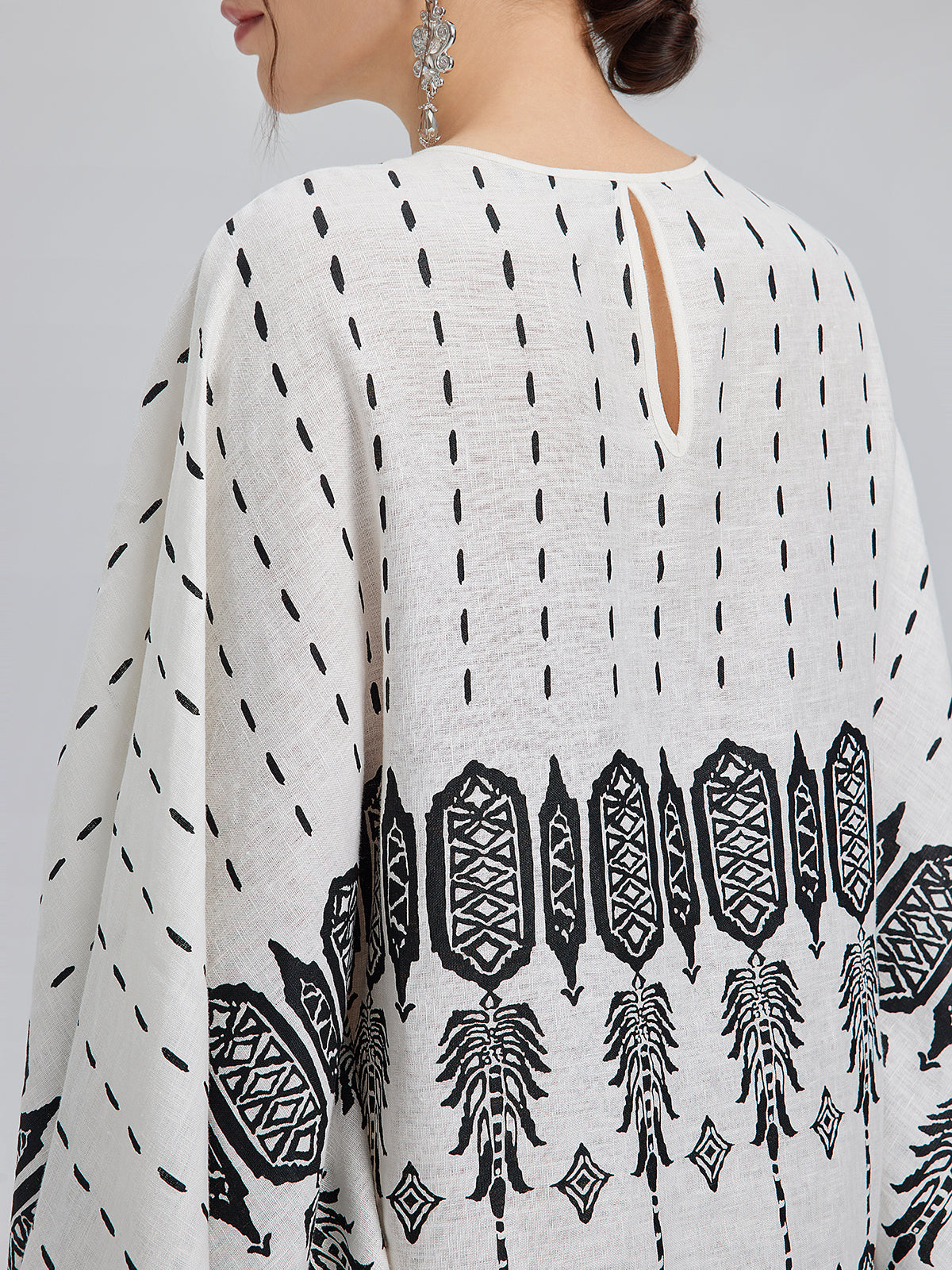 Linen Geometric Print Batwing Maxi Dress