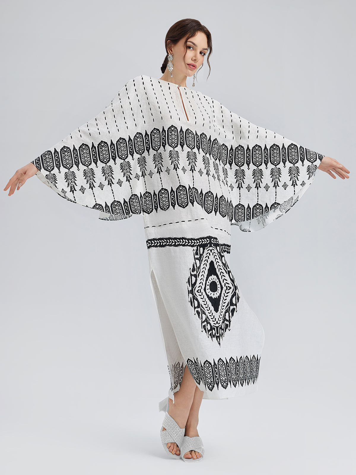 Linen Geometric Print Batwing Maxi Dress