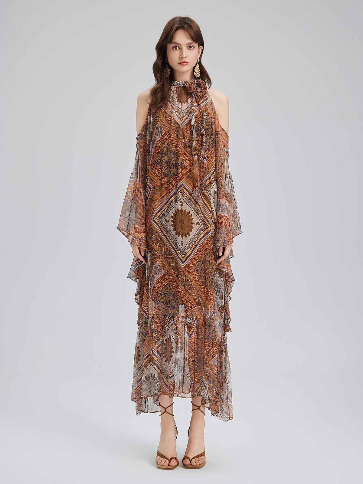 Beaded Silk Bohemian Print Dress