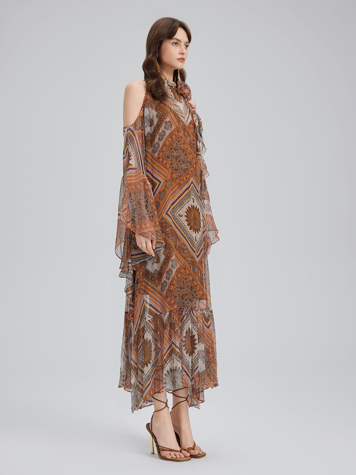 Beaded Silk Bohemian Print Dress