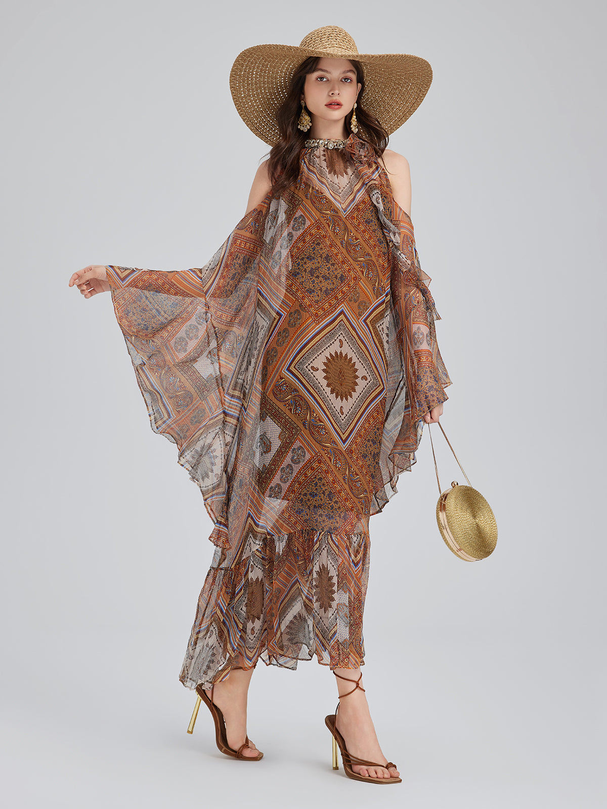 Beaded Silk Bohemian Print Dress