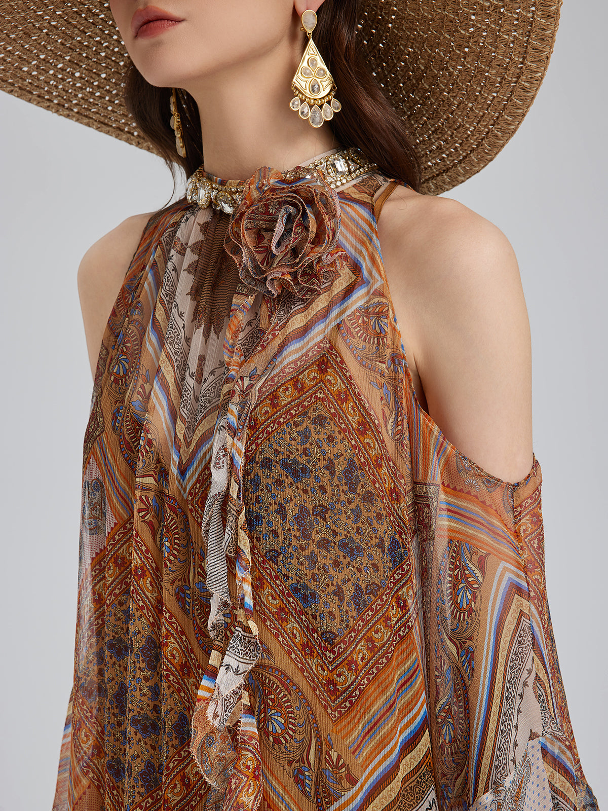 Beaded Silk Bohemian Print Dress