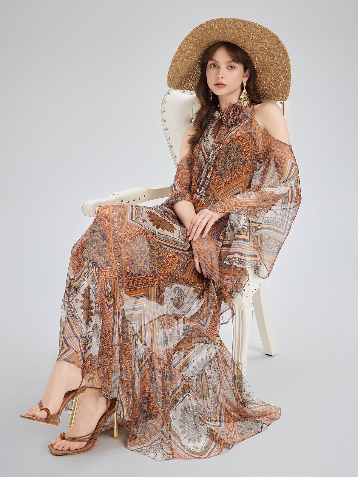Beaded Silk Bohemian Print Dress