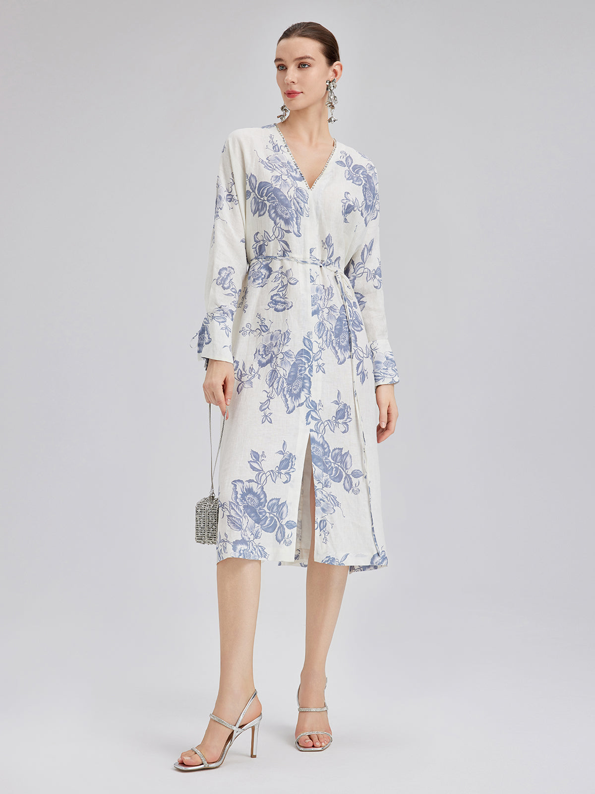 Linen Hand-Beaded Printed Dress (100% Linen)