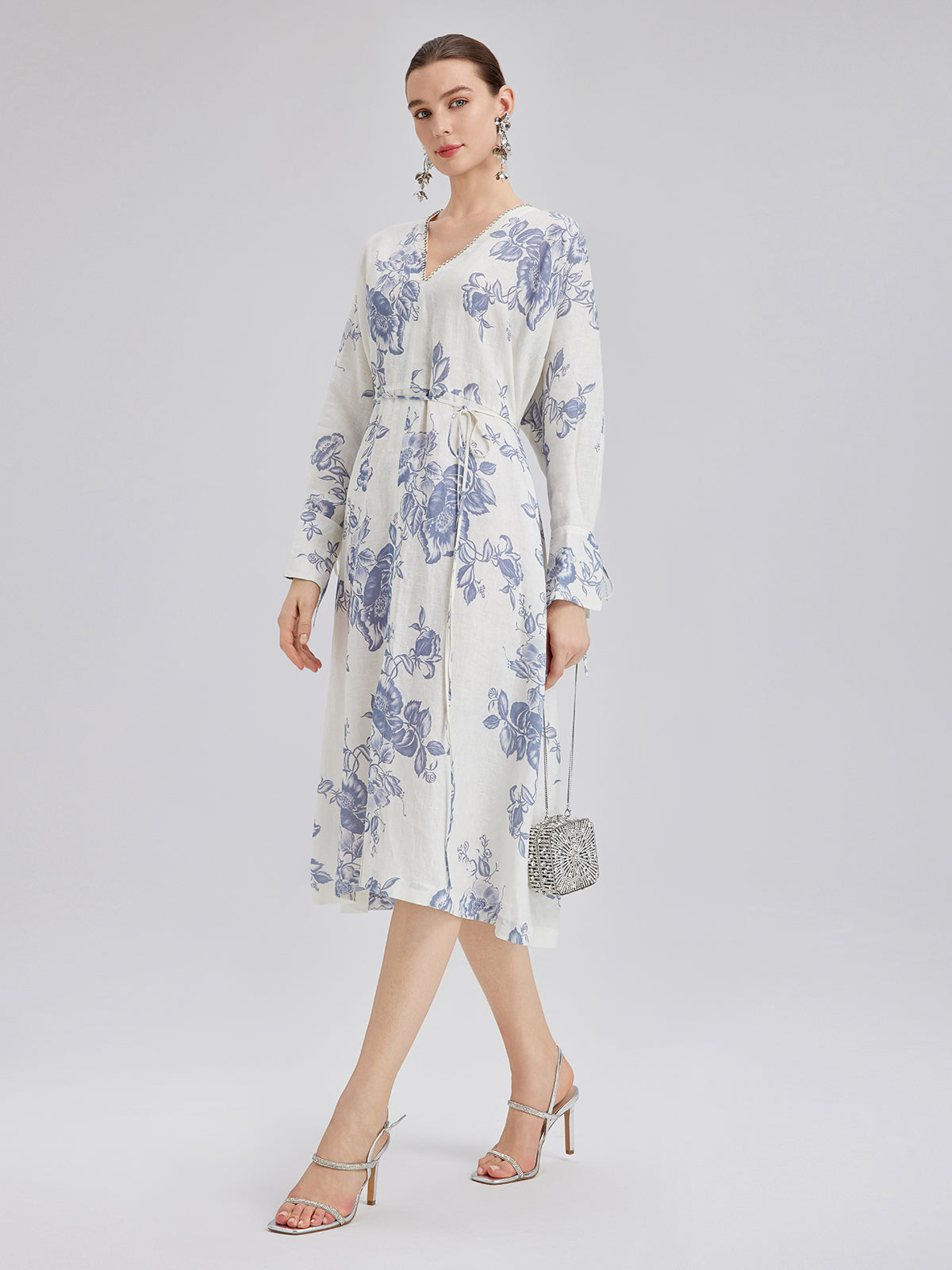 Linen Hand-Beaded Printed Dress (100% Linen)