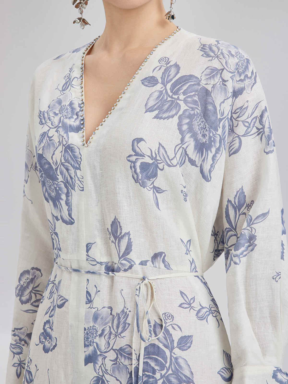 Linen Hand-Beaded Printed Dress (100% Linen)