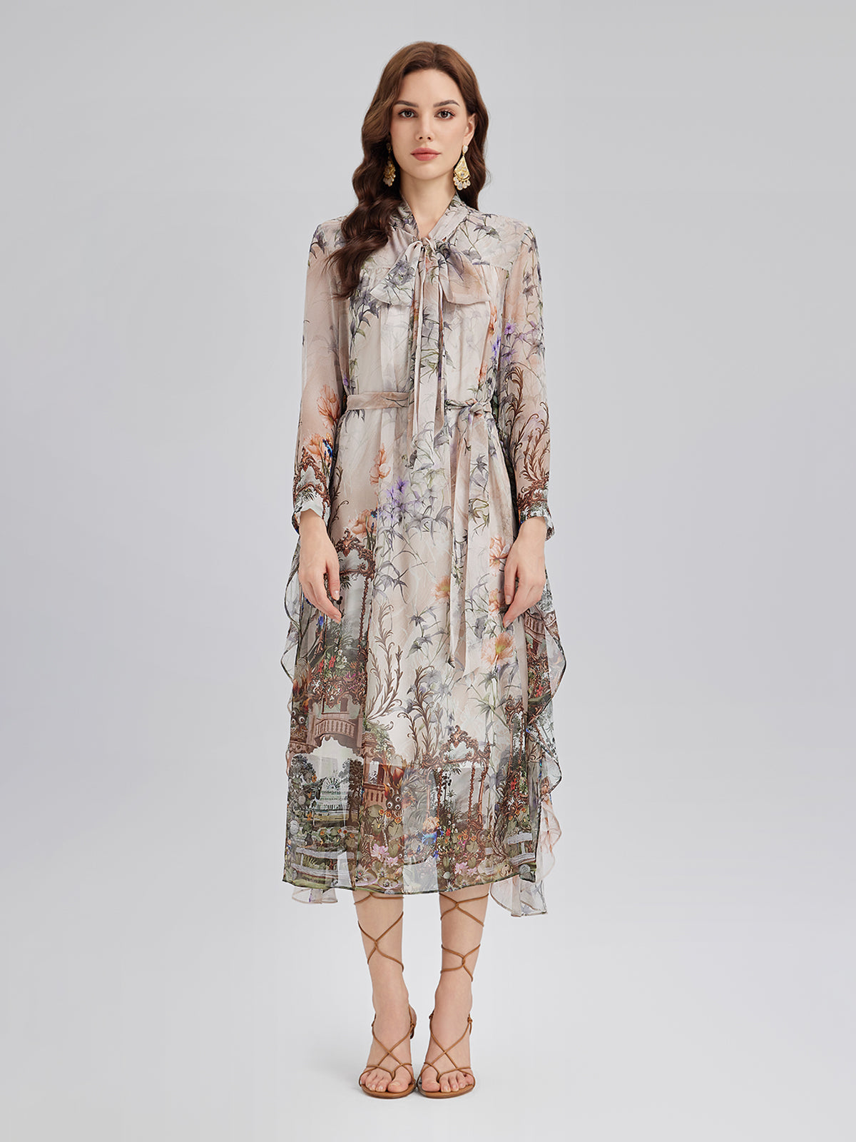 Silk Court Print Pleated Maxi Dress