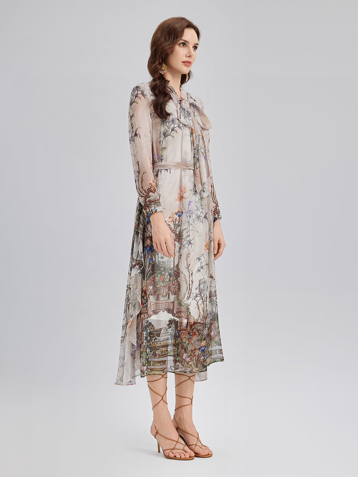 Silk Court Print Pleated Maxi Dress