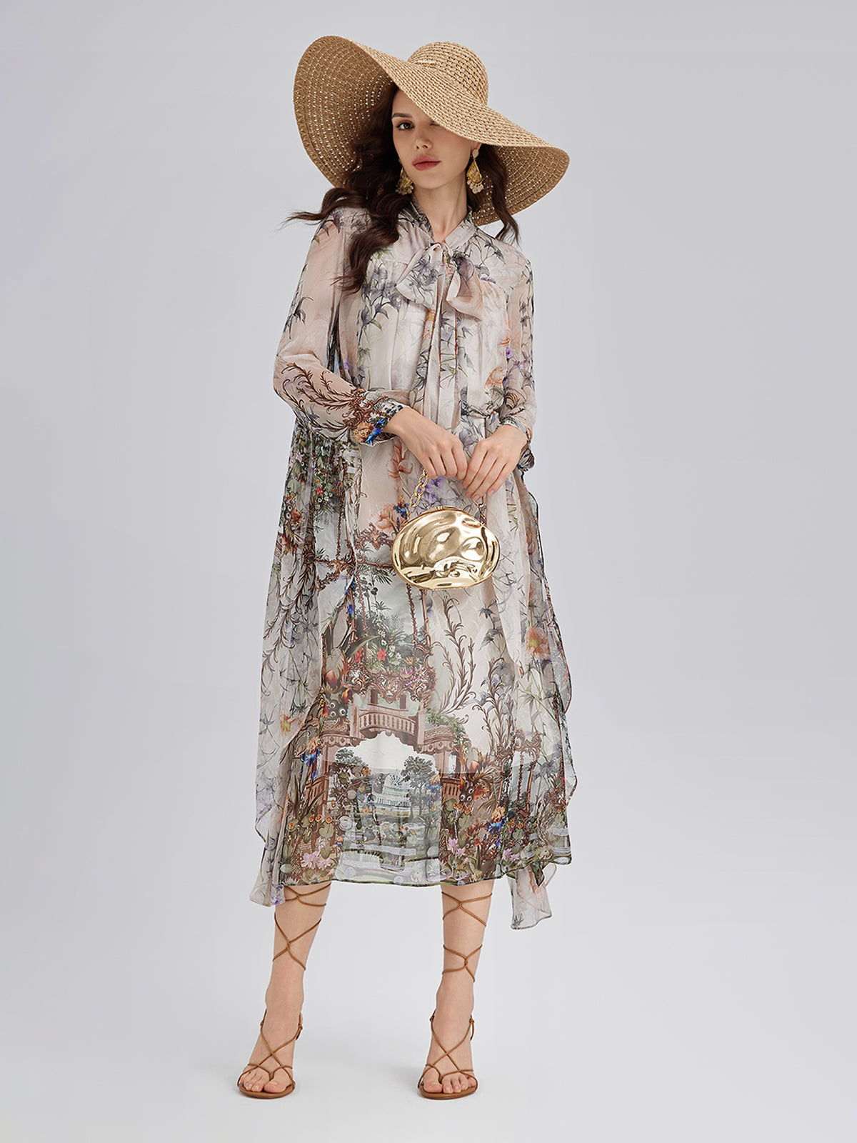 Silk Court Print Pleated Maxi Dress