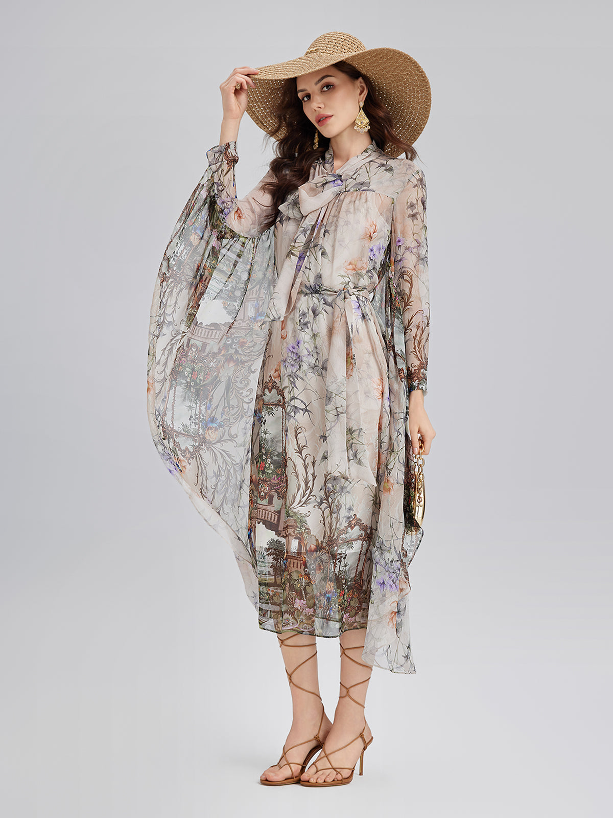 Silk Court Print Pleated Maxi Dress