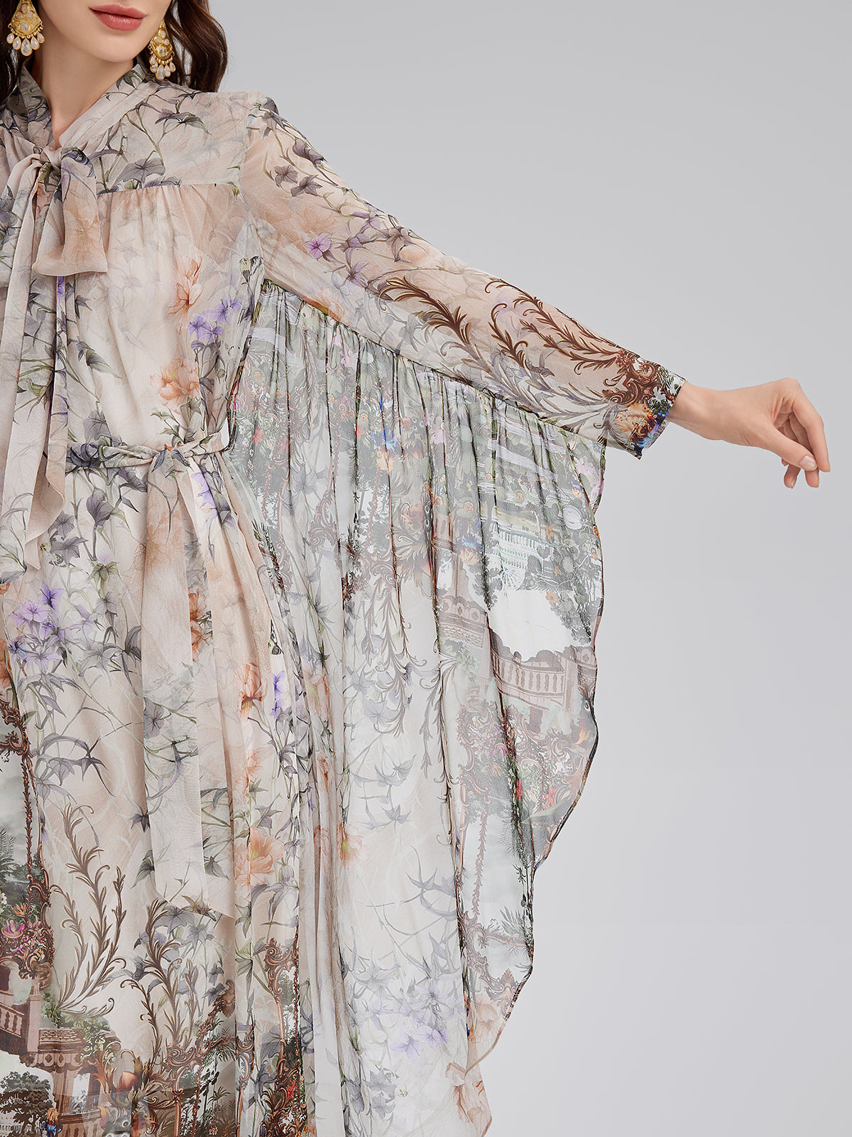 Silk Court Print Pleated Maxi Dress