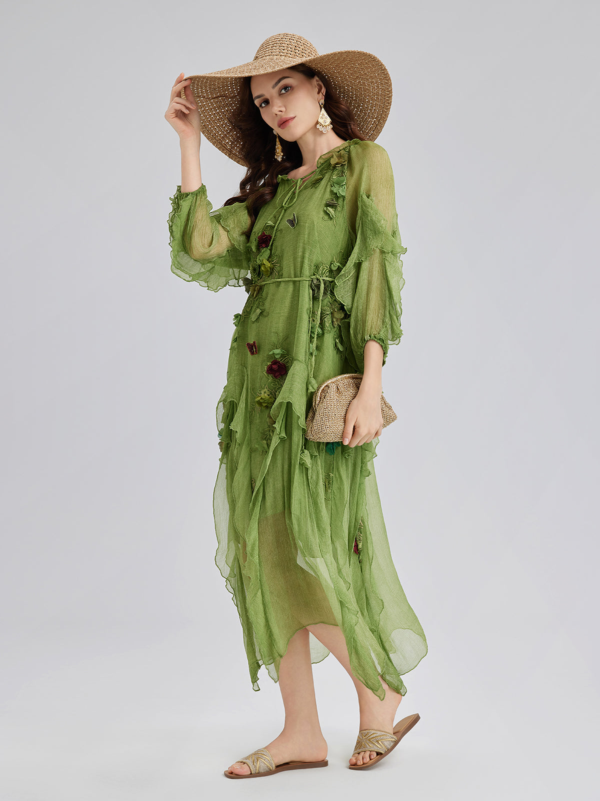 Silk Hand-Dyed 3D Floral Maxi Dress