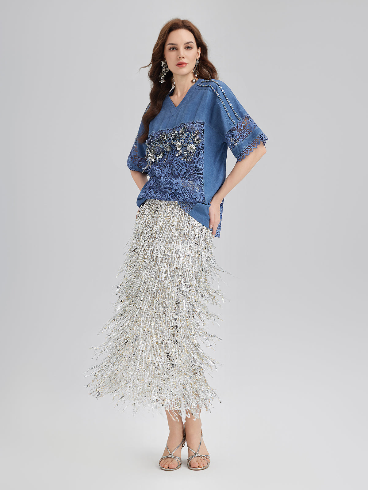 Tassel Sequin Midi Skirt