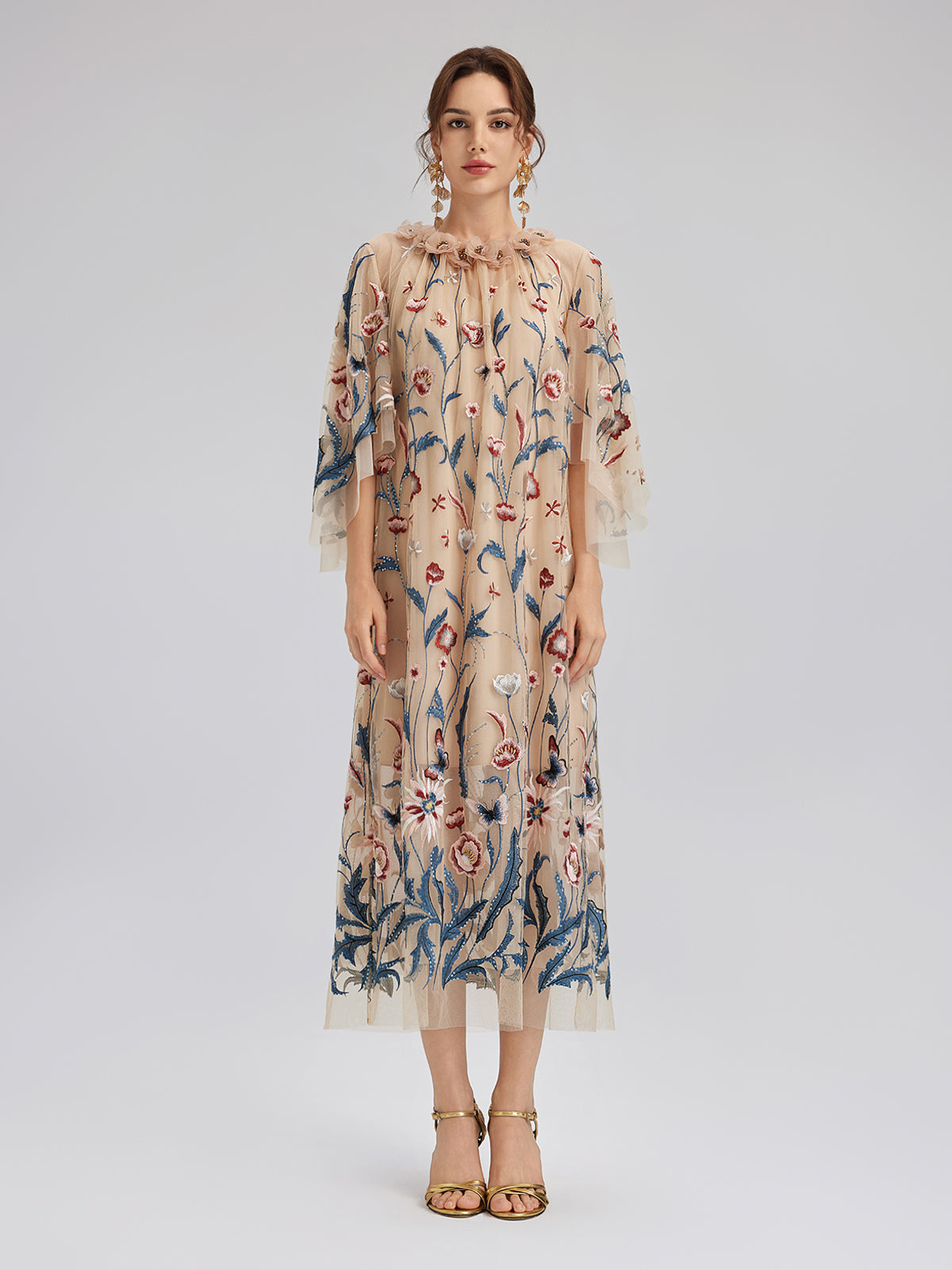Colorful Embroidered Sequin Long-Sleeve Dress
