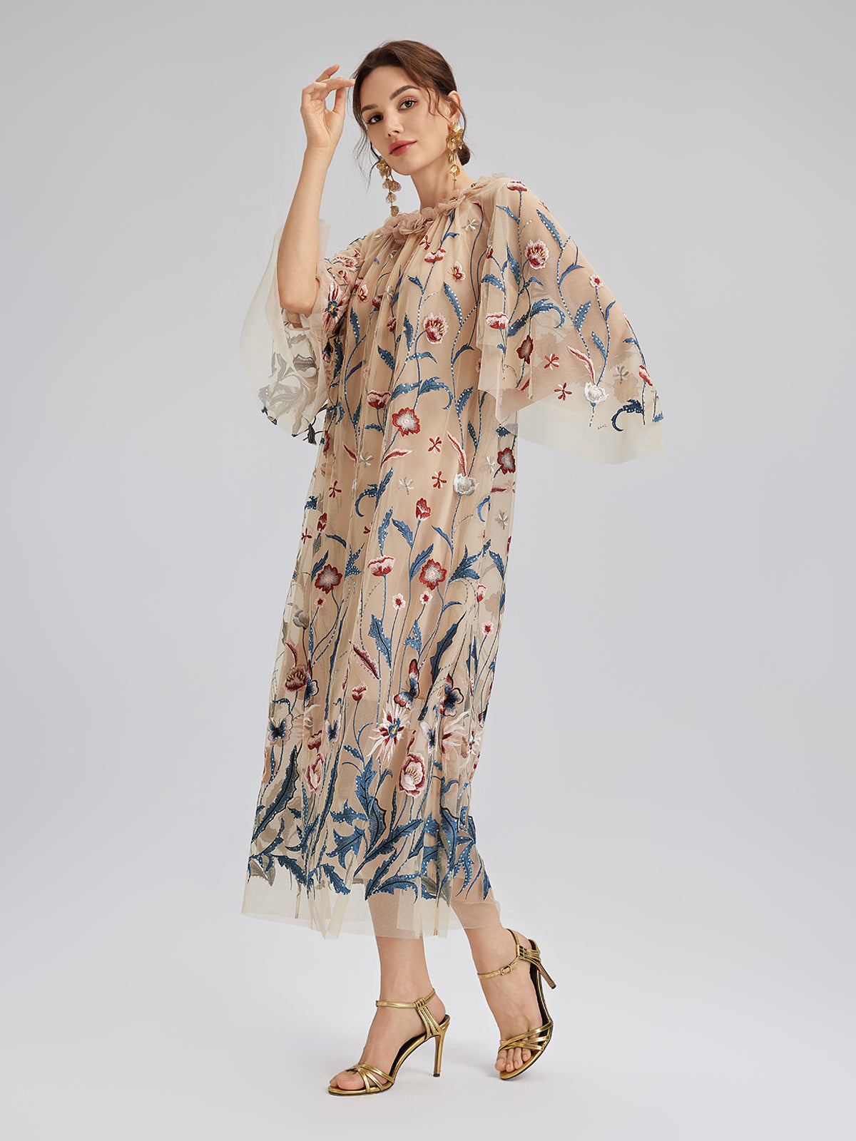 Colorful Embroidered Sequin Long-Sleeve Dress