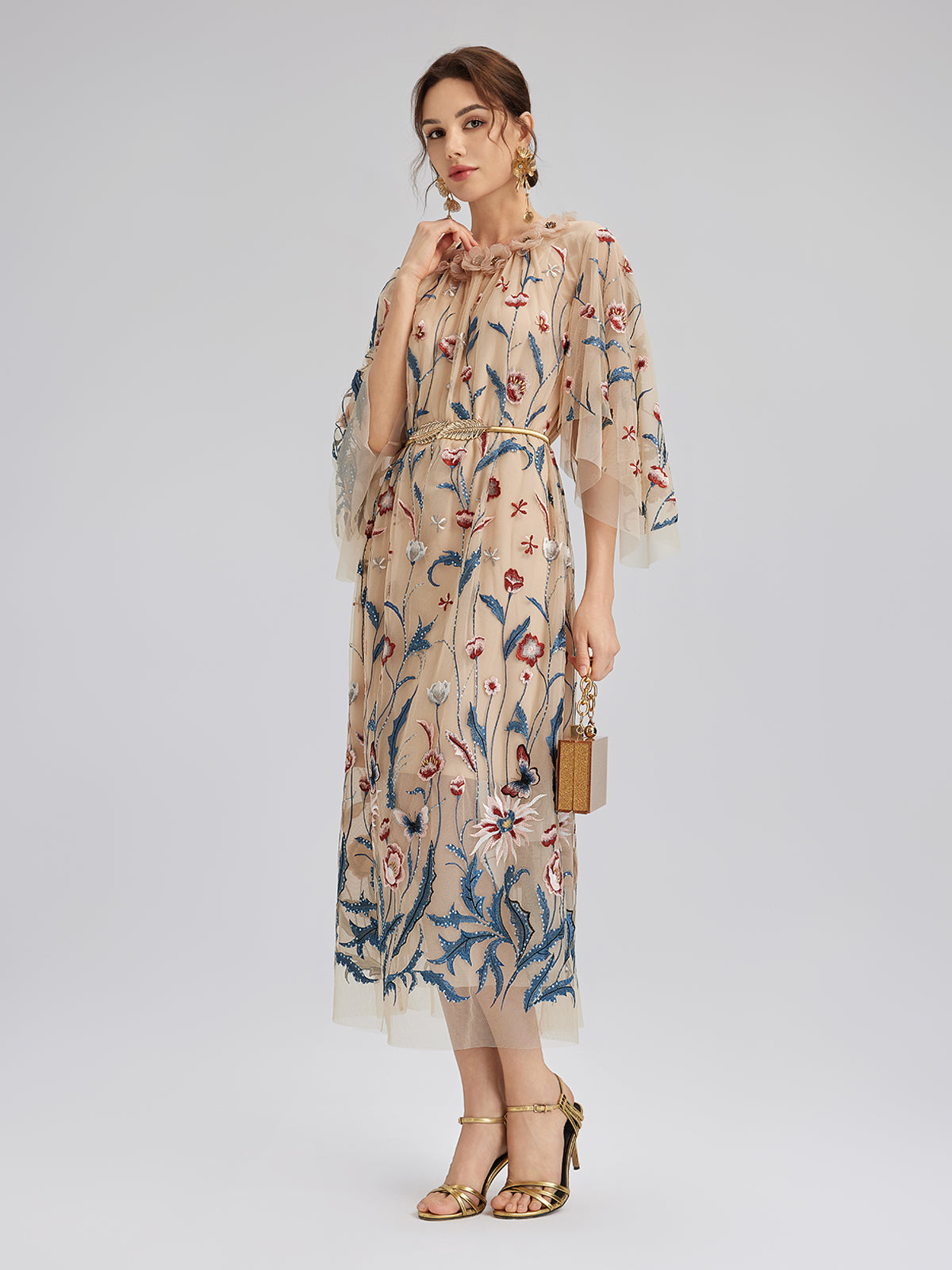 Colorful Embroidered Sequin Long-Sleeve Dress