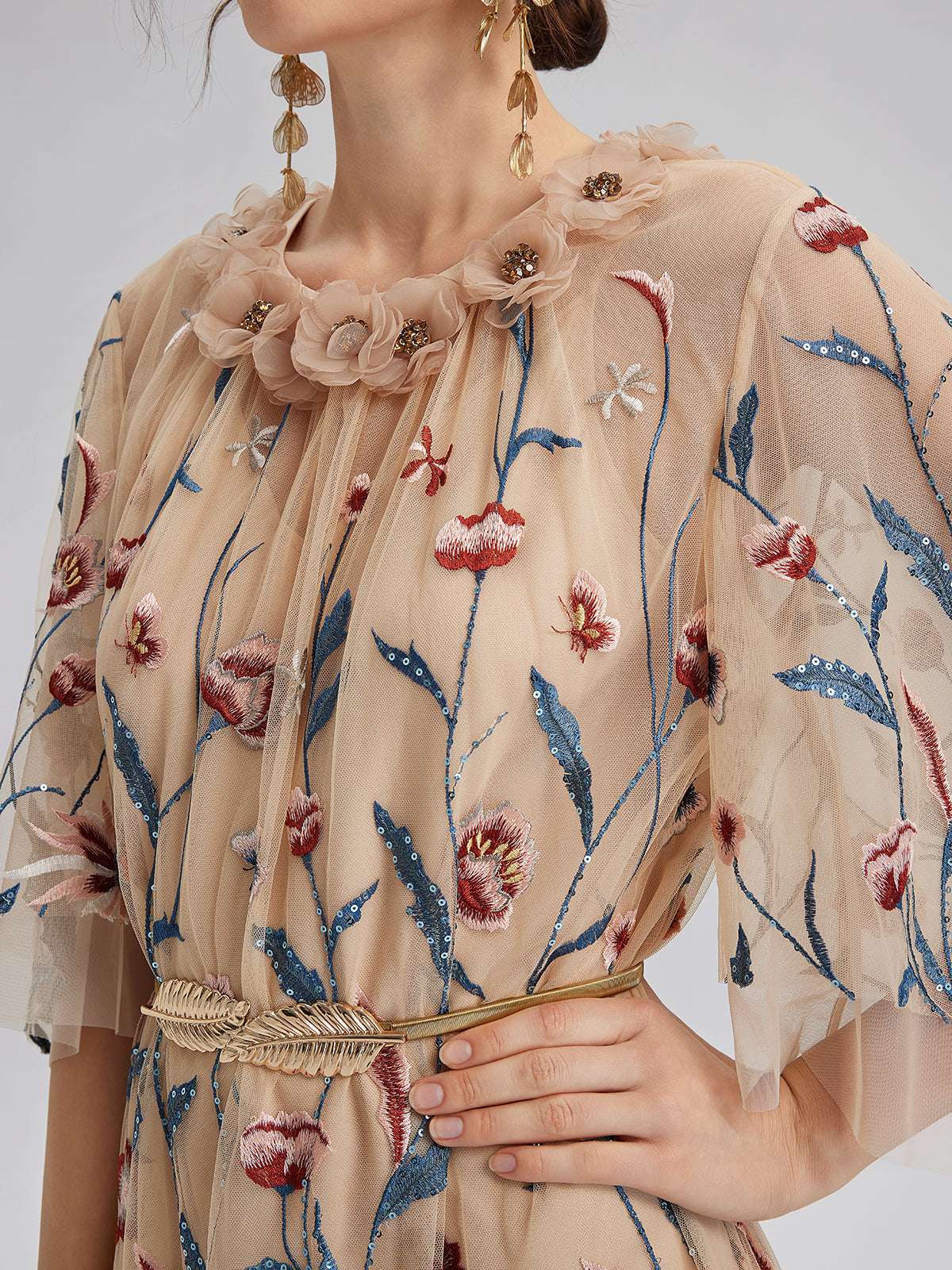 Colorful Embroidered Sequin Long-Sleeve Dress