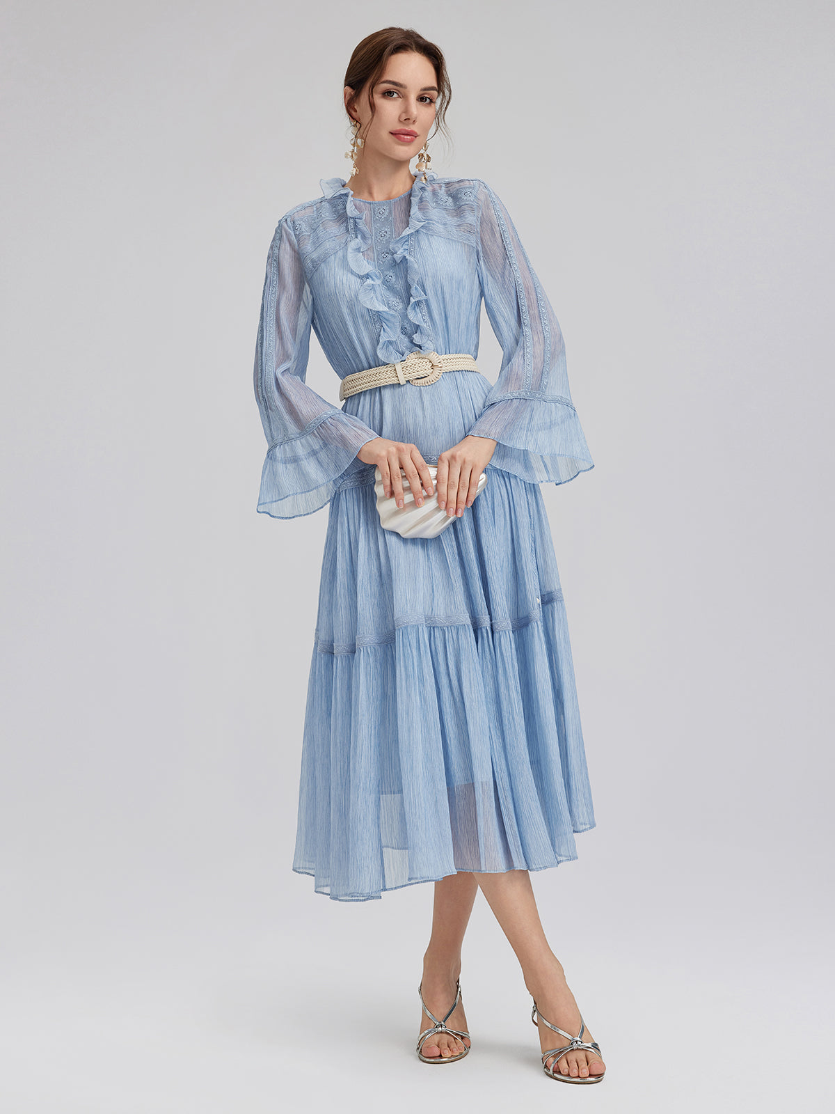 Garment Dyeing Lace Trim Silk Crepe Dress (100% Silk)
