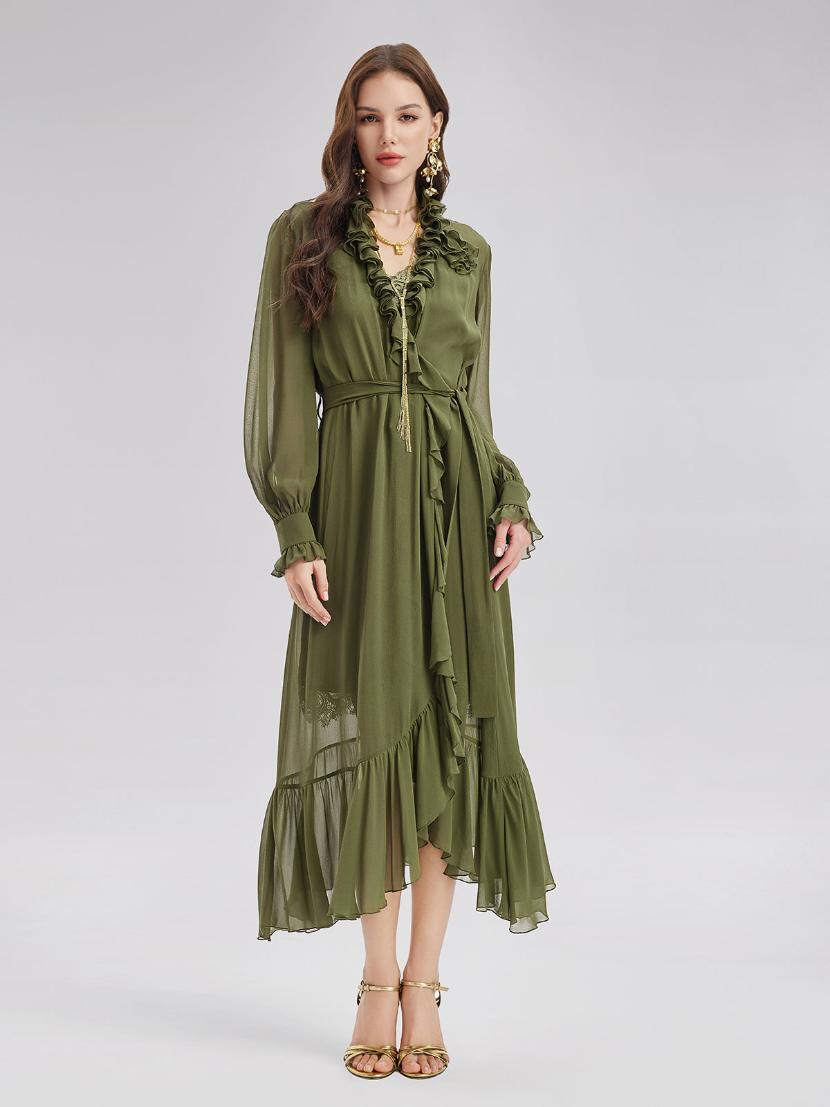Silk Ruffle Hem Maxi Dress with Lace Cami