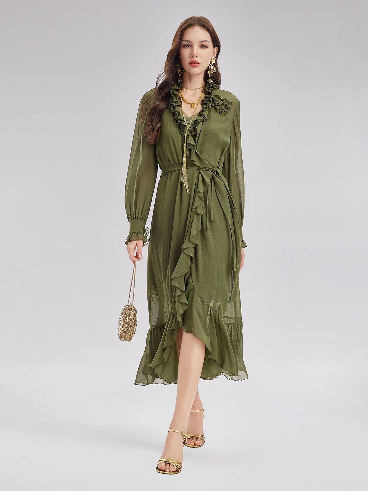 Silk Ruffle Hem Maxi Dress with Lace Cami
