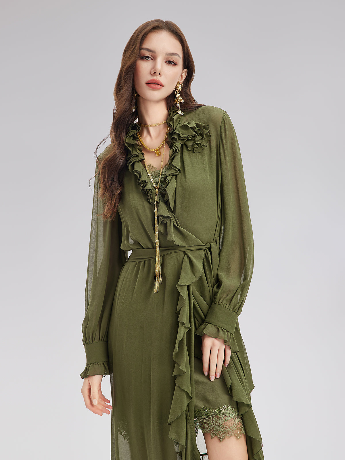 Silk Ruffle Hem Maxi Dress with Lace Cami