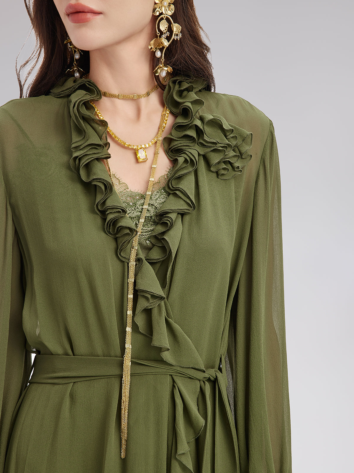 Silk Ruffle Hem Maxi Dress with Lace Cami