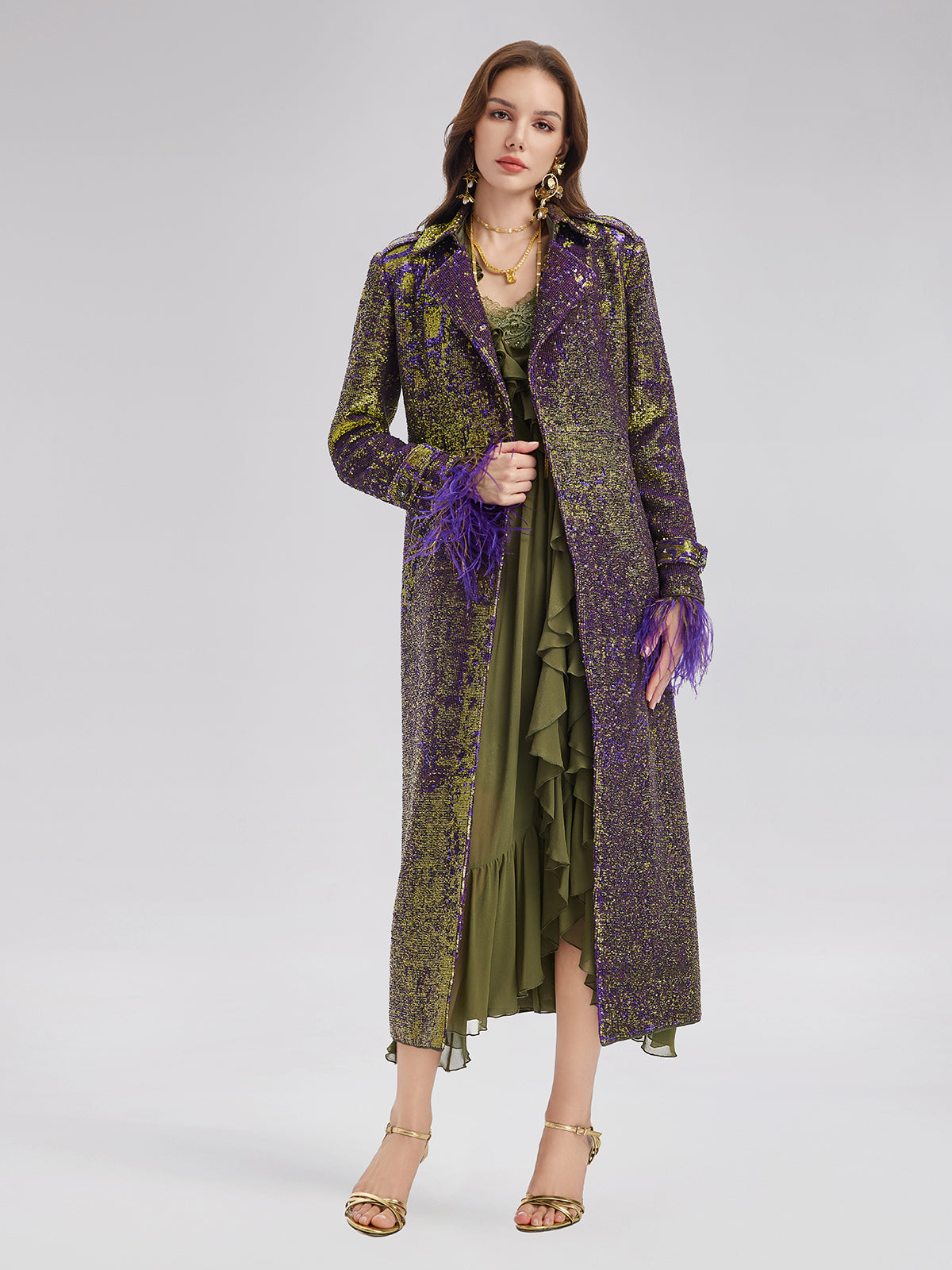 Two-Tone Sequin Ostrich Feather Trench Coat