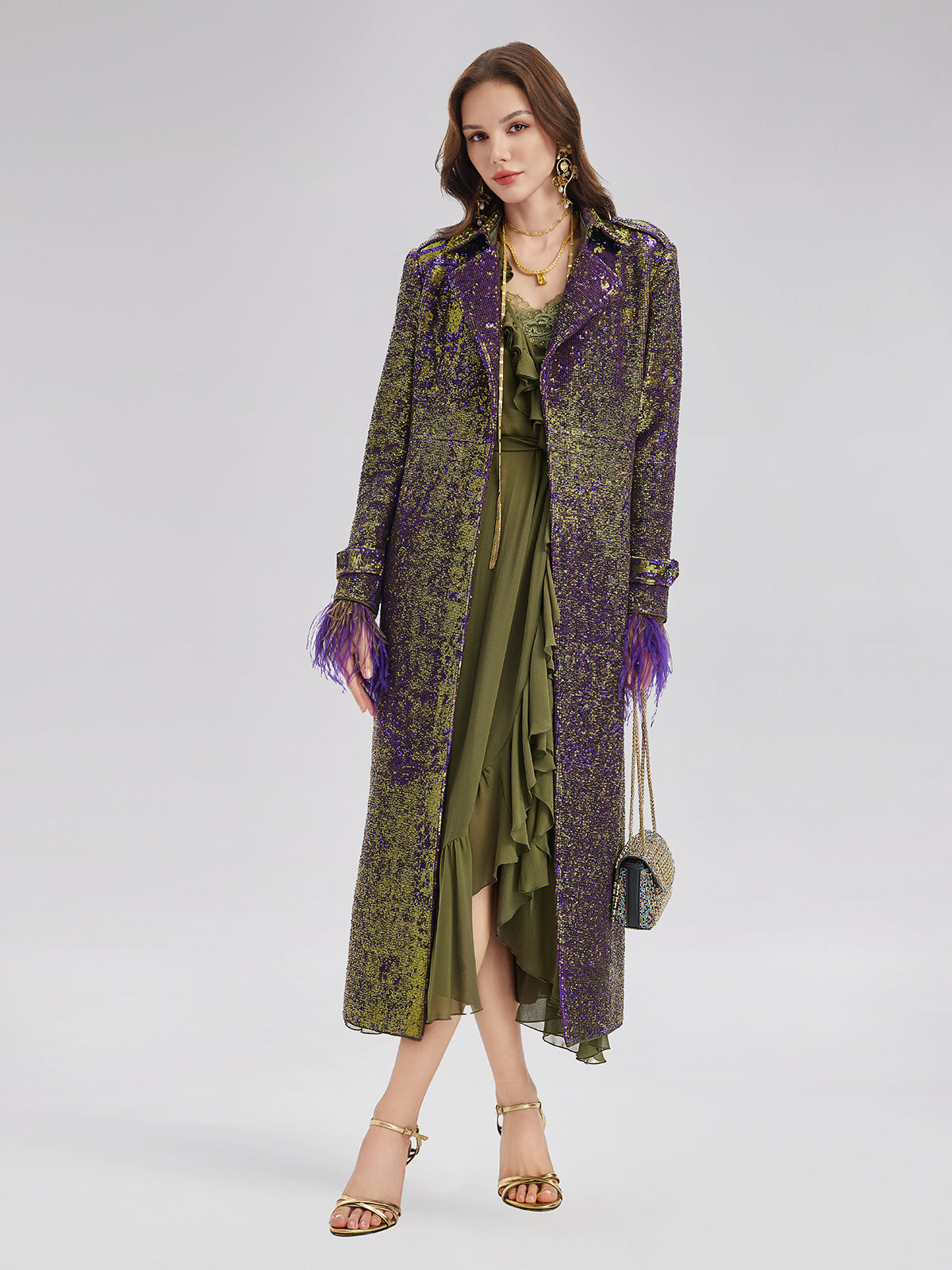 Two-Tone Sequin Ostrich Feather Trench Coat