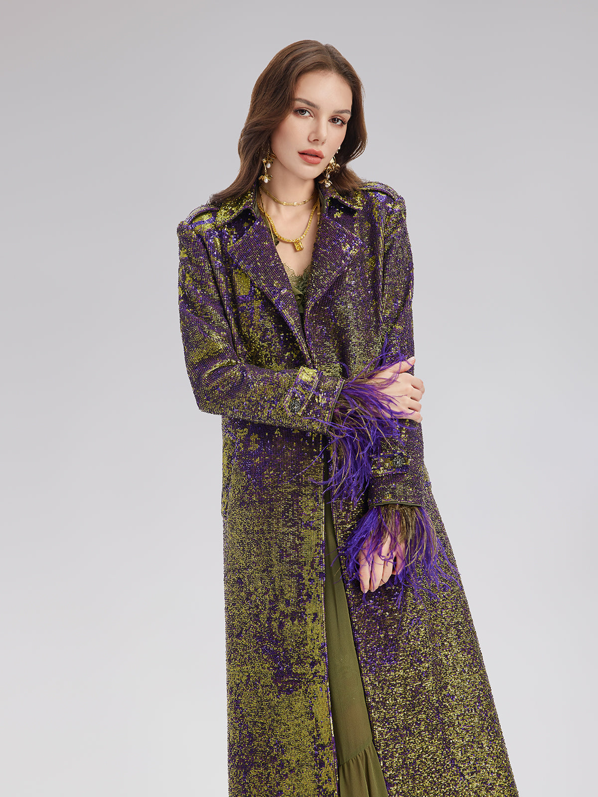 Two-Tone Sequin Ostrich Feather Trench Coat
