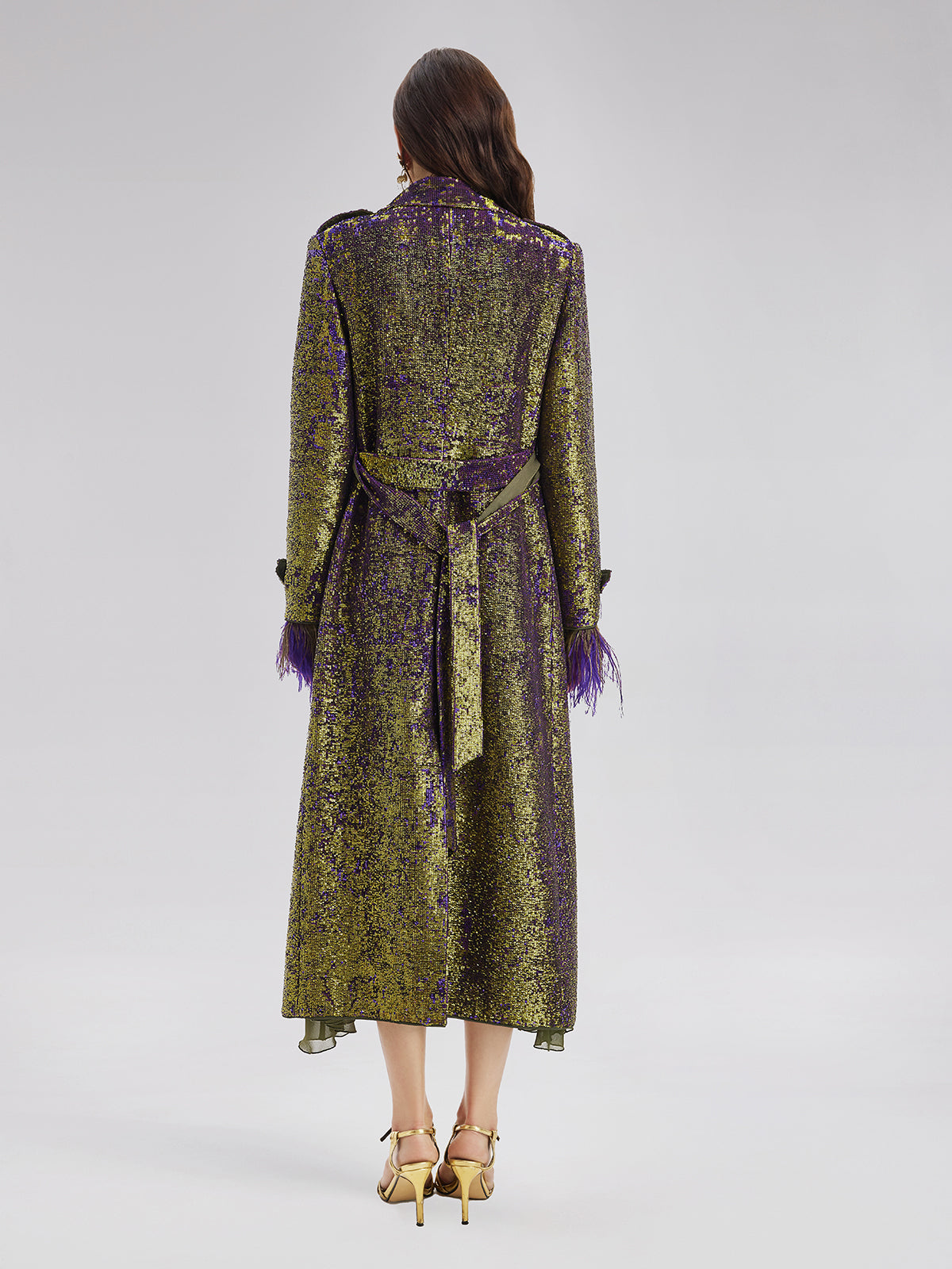 Two-Tone Sequin Ostrich Feather Trench Coat