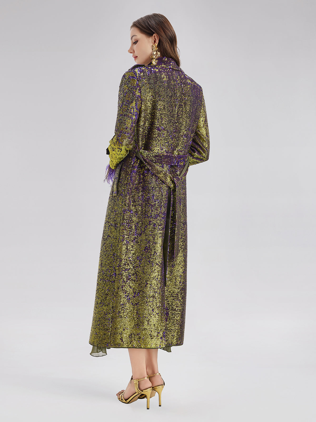 Two-Tone Sequin Ostrich Feather Trench Coat