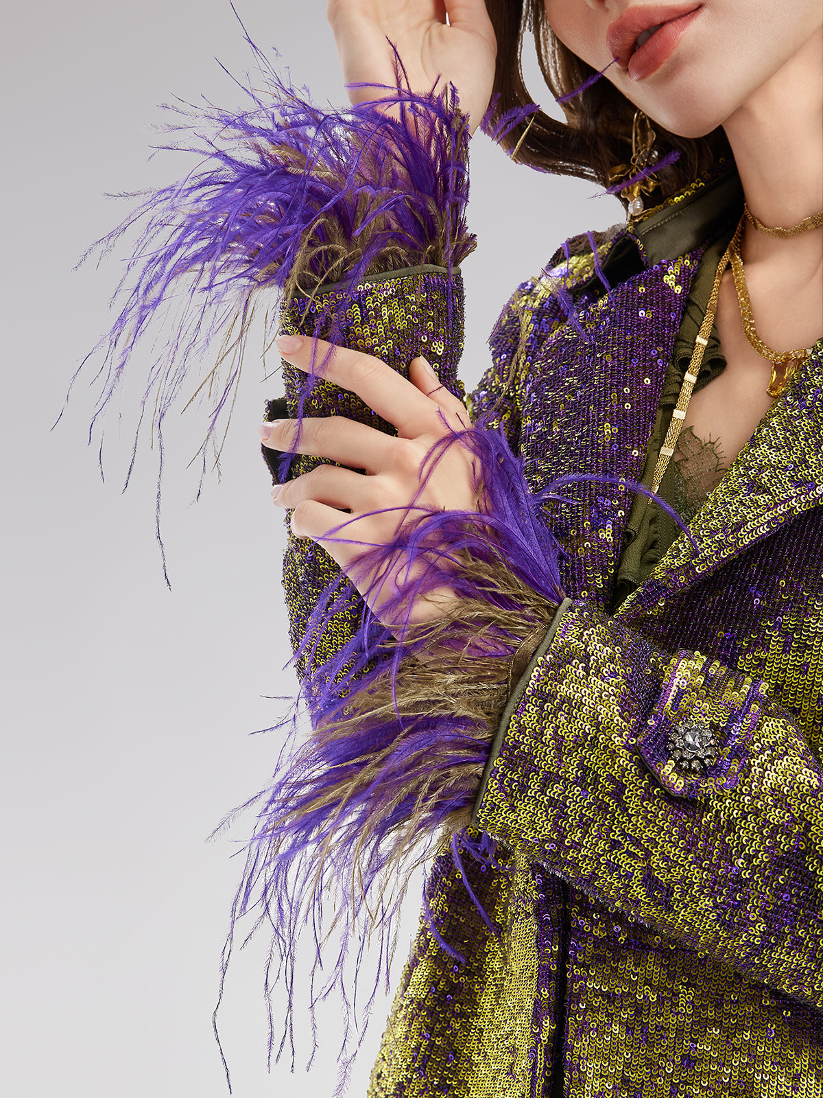 Two-Tone Sequin Ostrich Feather Trench Coat