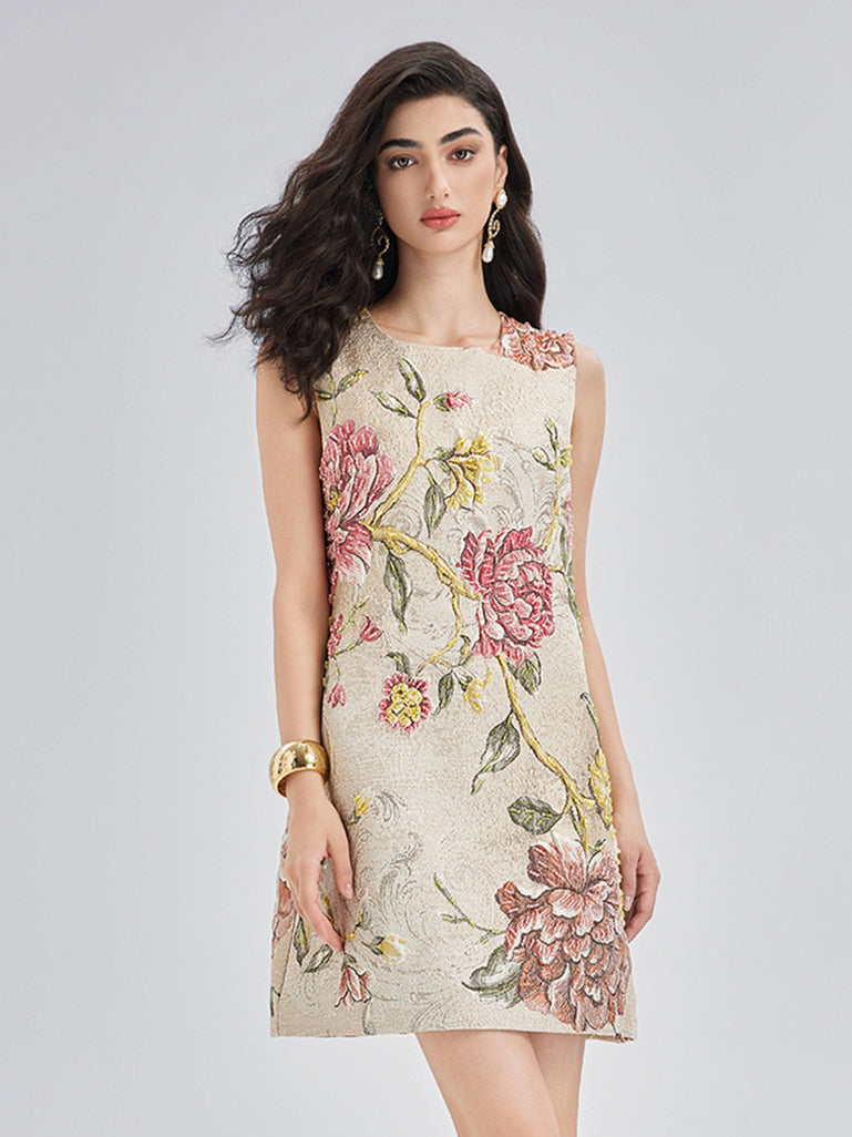 Hand-Beaded 3D Floral Jacquard Tank Dress