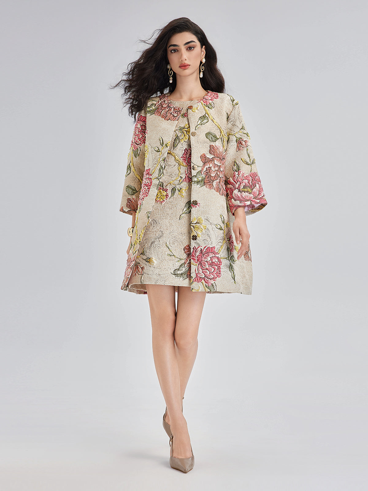 Hand-Beaded 3D Floral Jacquard Tank Dress