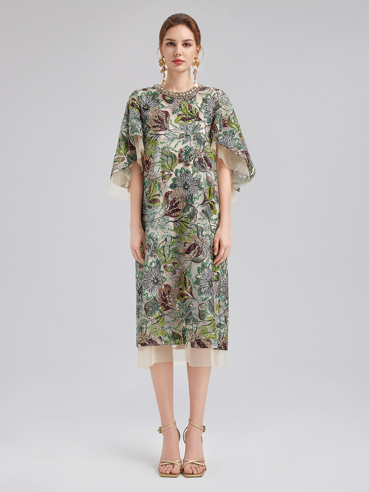 Three-Quarter Sleeves Sequin Maxi Dress