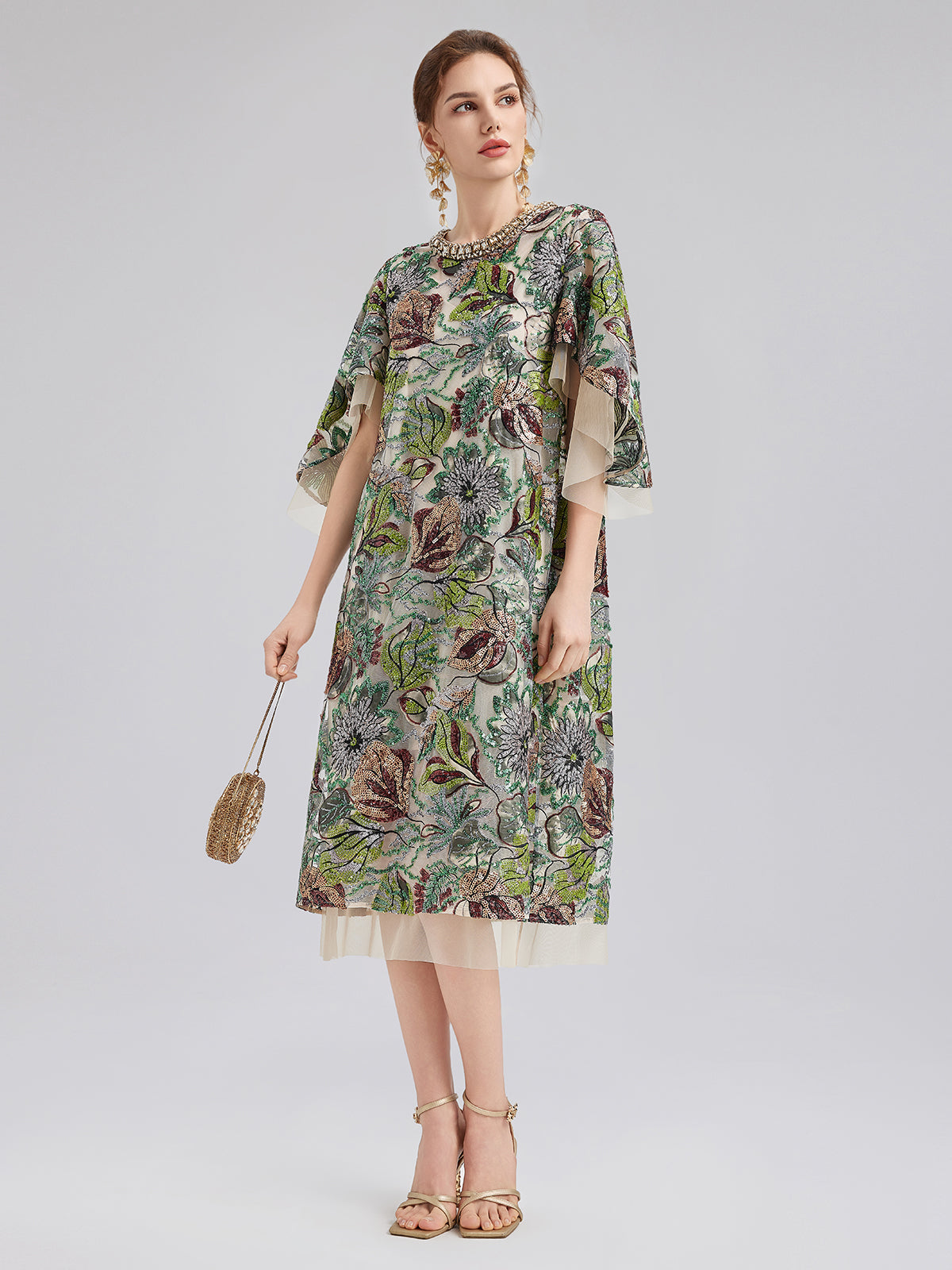 Three-Quarter Sleeves Sequin Maxi Dress