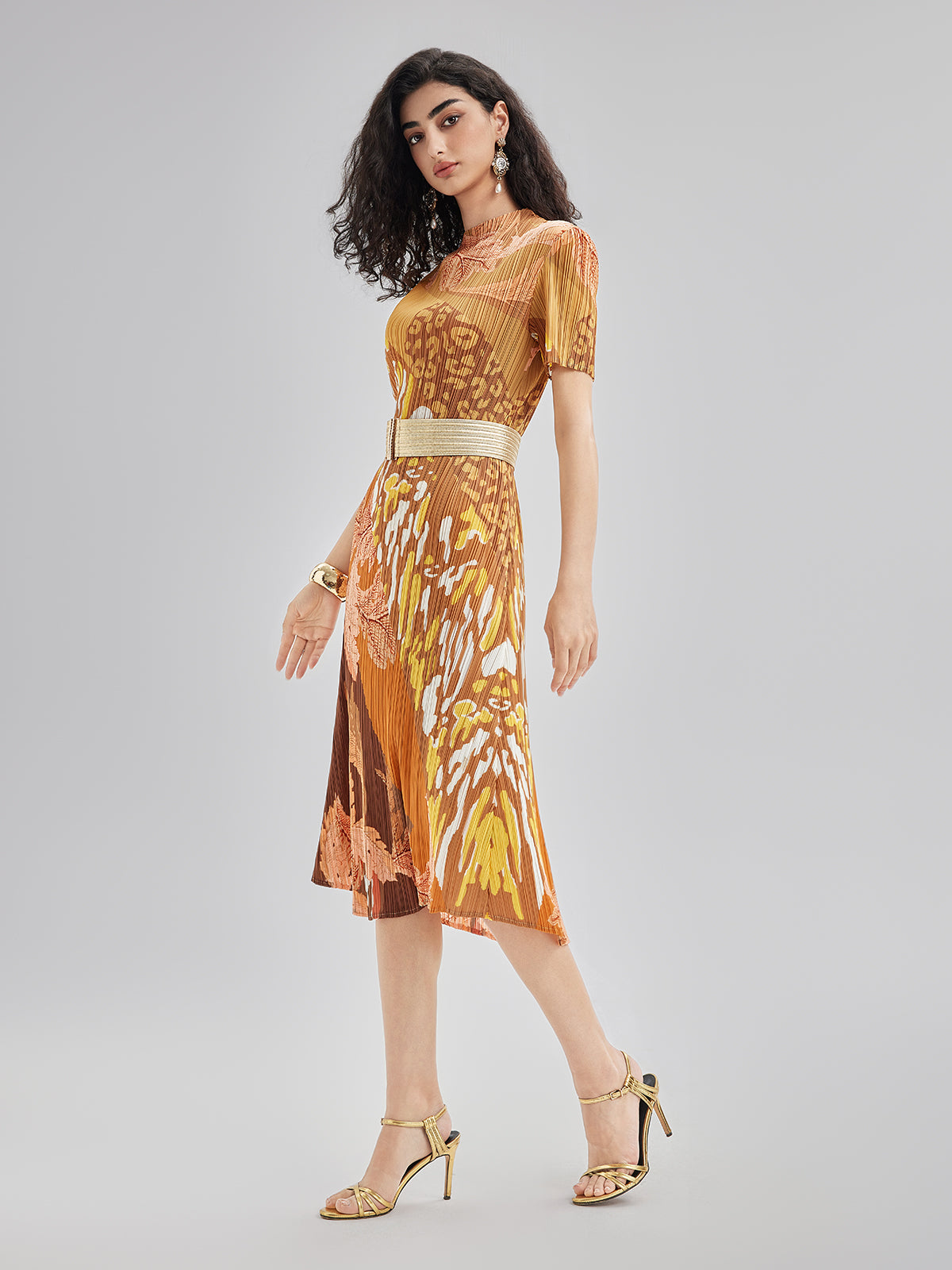 Artistic Floral Print Pleated Dress