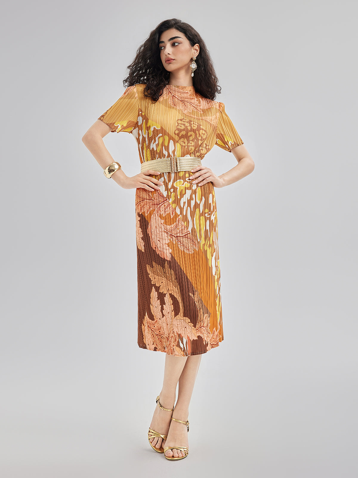 Artistic Floral Print Pleated Dress
