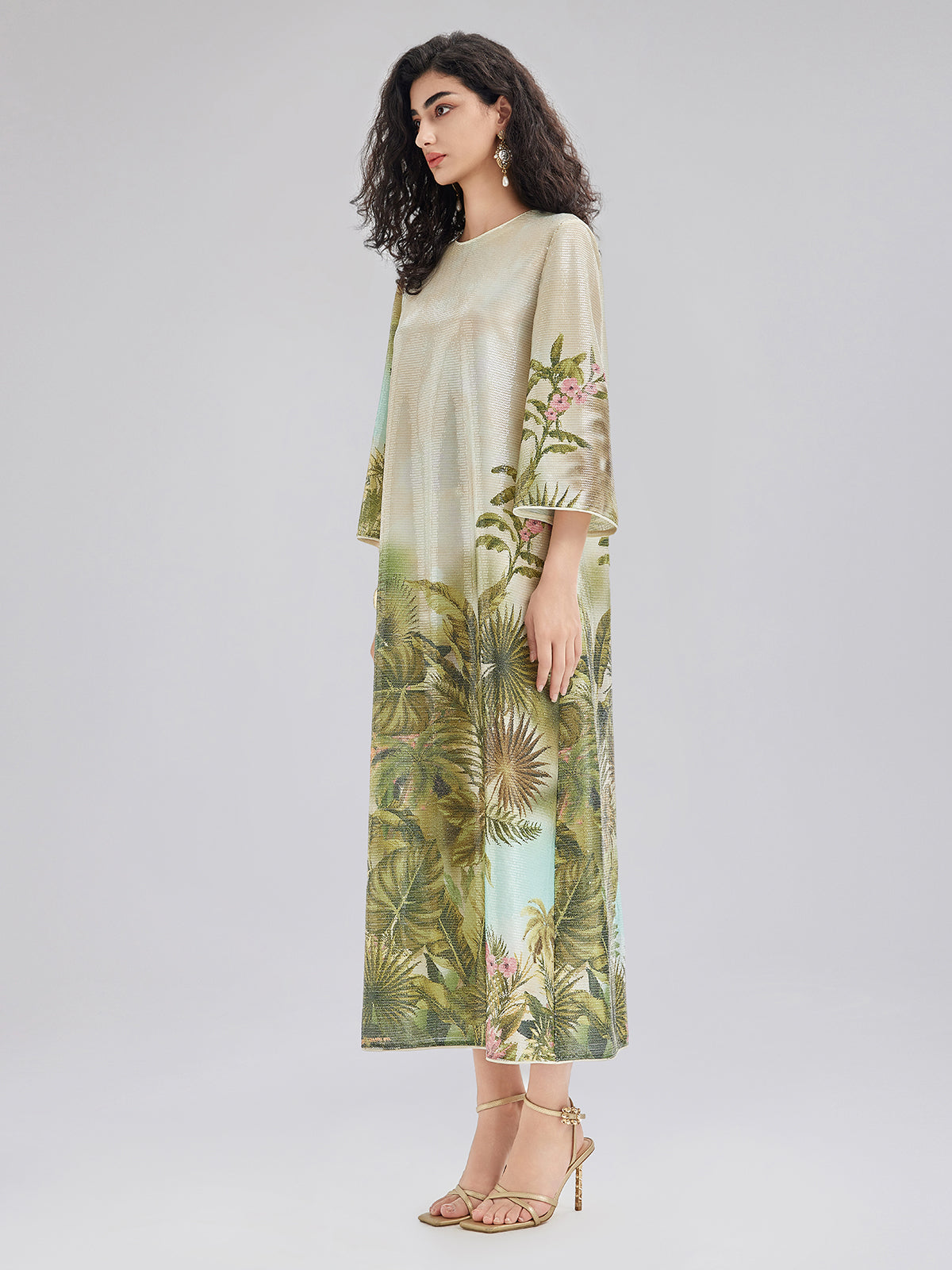 Tropical Plant Knit Long-Sleeve Dress