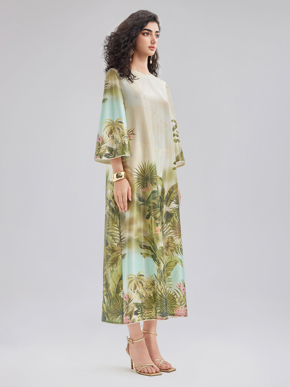 Tropical Plant Knit Long-Sleeve Dress