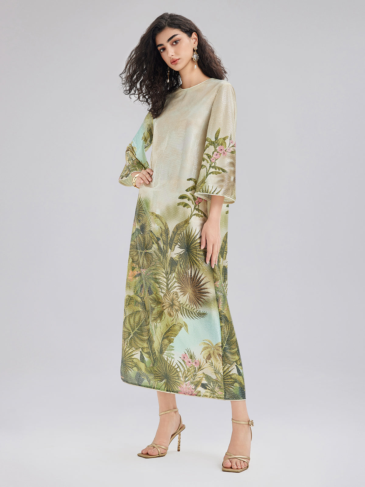 Tropical Plant Knit Long-Sleeve Dress