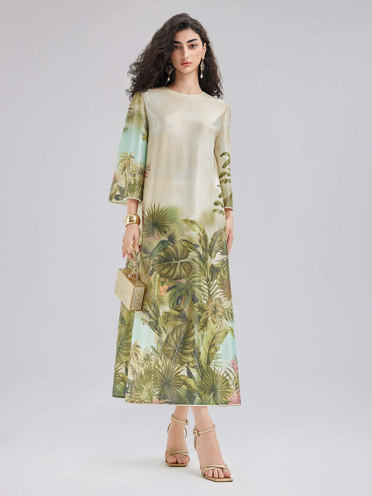 Tropical Plant Knit Long-Sleeve Dress