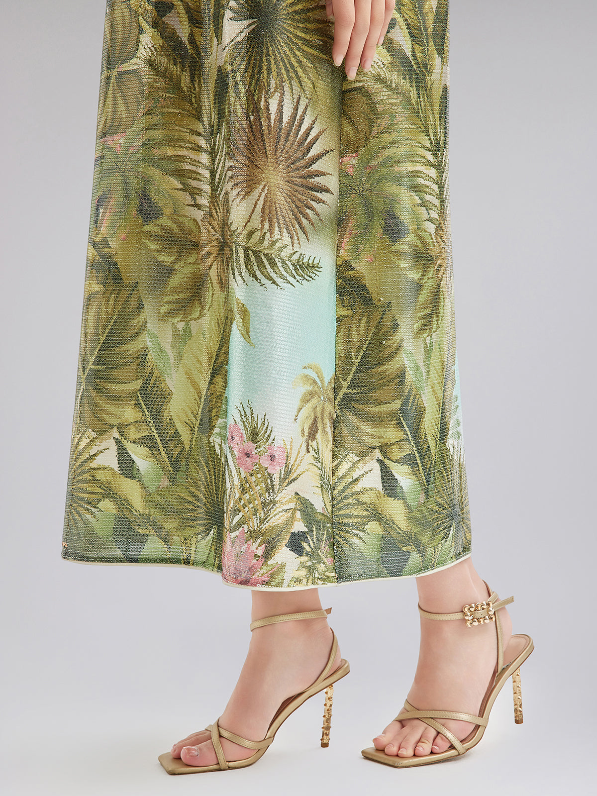 Tropical Plant Knit Long-Sleeve Dress