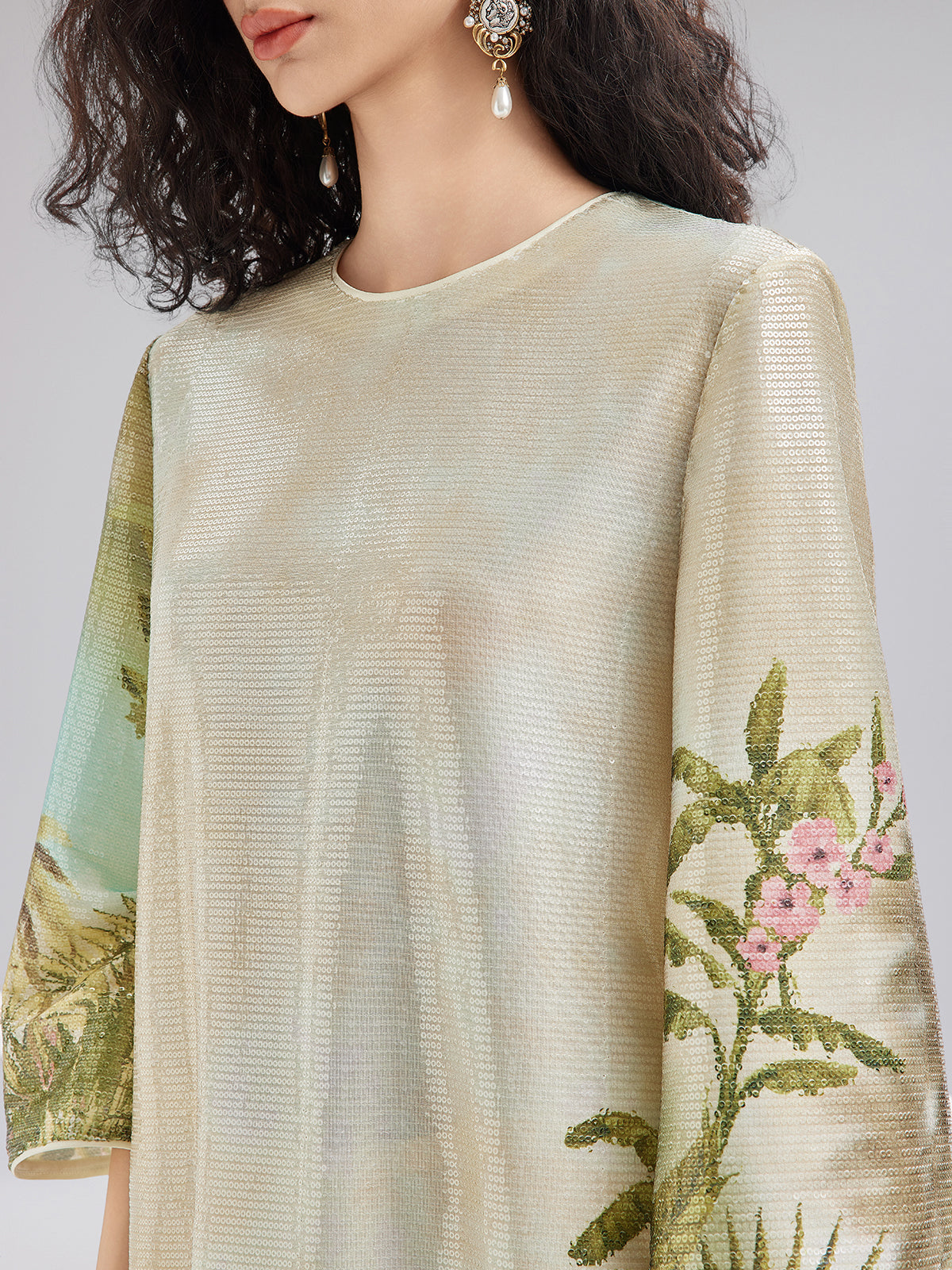 Tropical Plant Knit Long-Sleeve Dress