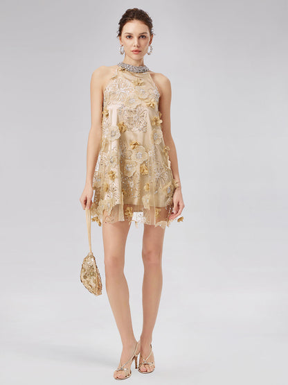 Diamond Embossed Floral Embroidered Dress