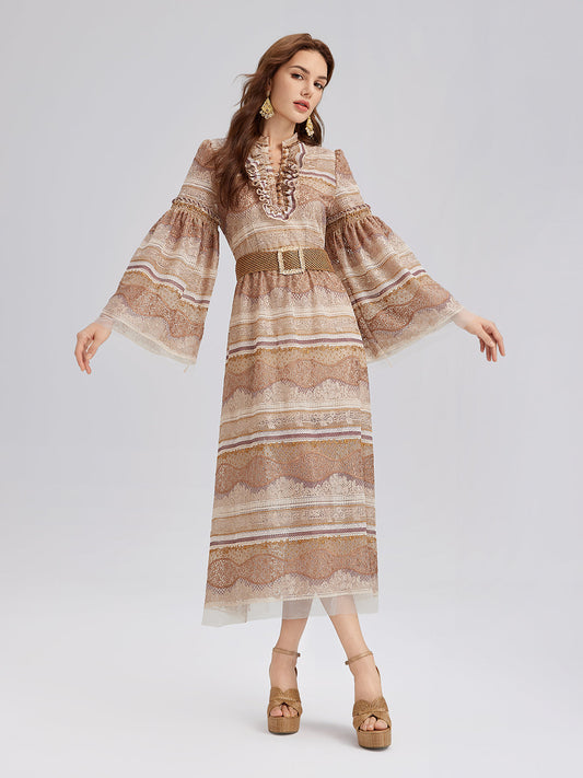 Embroidered Ruffle Collar Bohemian Dress