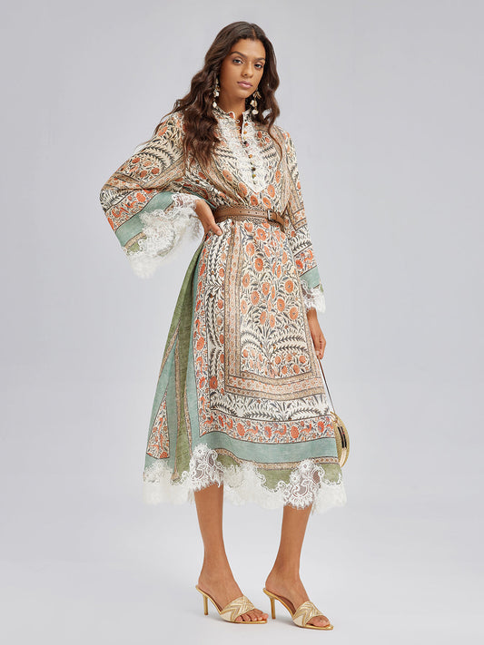Vintage Botanical Print Lace Dress (Belt Included)