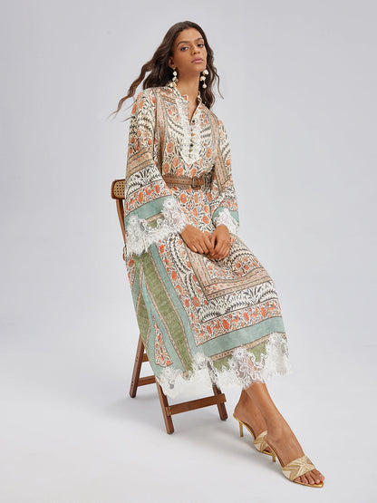Vintage Botanical Print Lace Dress (Belt Included)