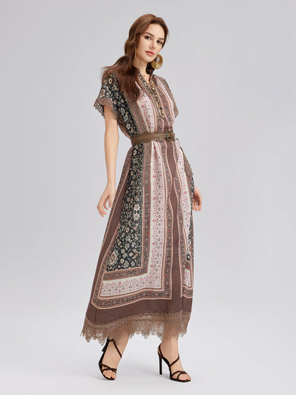 Botanical Print Lace-Trimmed Dress